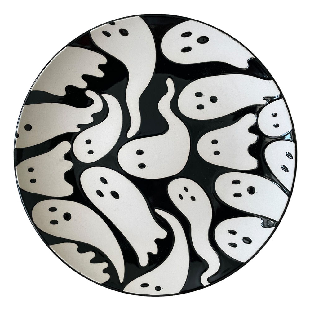 Elum Home Halloween Ghost Appetizer Plates 7.5in Set of 4 Black & Cream NEW
